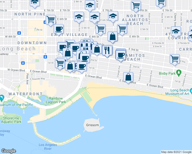 map of restaurants, bars, coffee shops, grocery stores, and more near 1007 East Ocean Boulevard in Long Beach