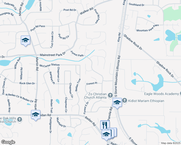 map of restaurants, bars, coffee shops, grocery stores, and more near 5391 Fox Valley Trce in Stone Mountain