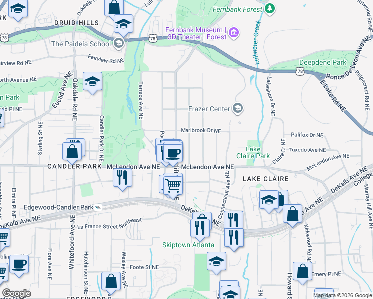 map of restaurants, bars, coffee shops, grocery stores, and more near 451 Hardendorf Avenue Northeast in Atlanta