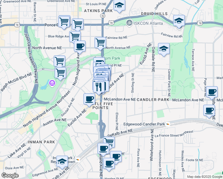 map of restaurants, bars, coffee shops, grocery stores, and more near 1225 Euclid Avenue Northeast in Atlanta