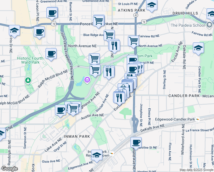 map of restaurants, bars, coffee shops, grocery stores, and more near 1018 Albion Avenue Northeast in Atlanta