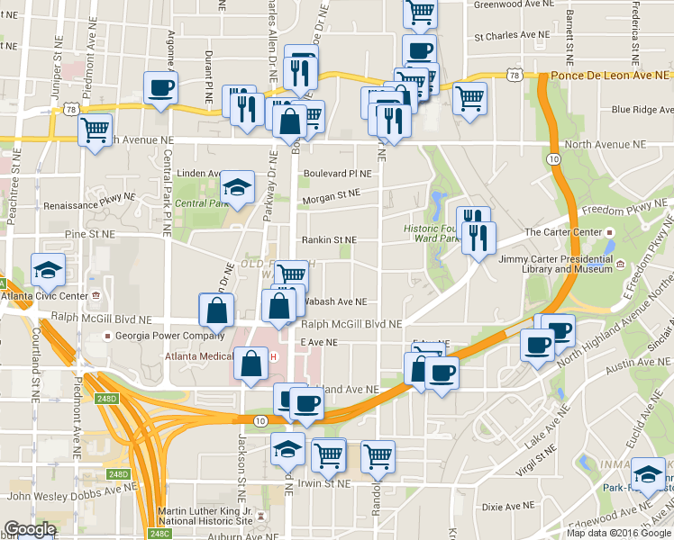 map of restaurants, bars, coffee shops, grocery stores, and more near 512 Angier Avenue Northeast in Atlanta