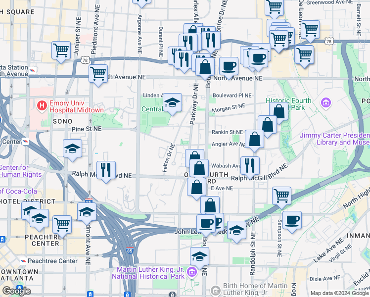 map of restaurants, bars, coffee shops, grocery stores, and more near 448 Parkway Drive Northeast in Atlanta