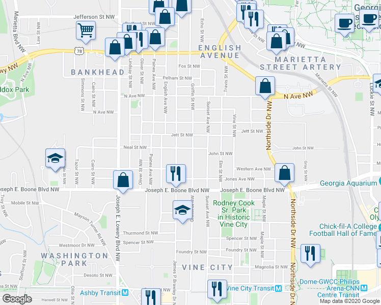 map of restaurants, bars, coffee shops, grocery stores, and more near 420 Griffin Street Northwest in Atlanta
