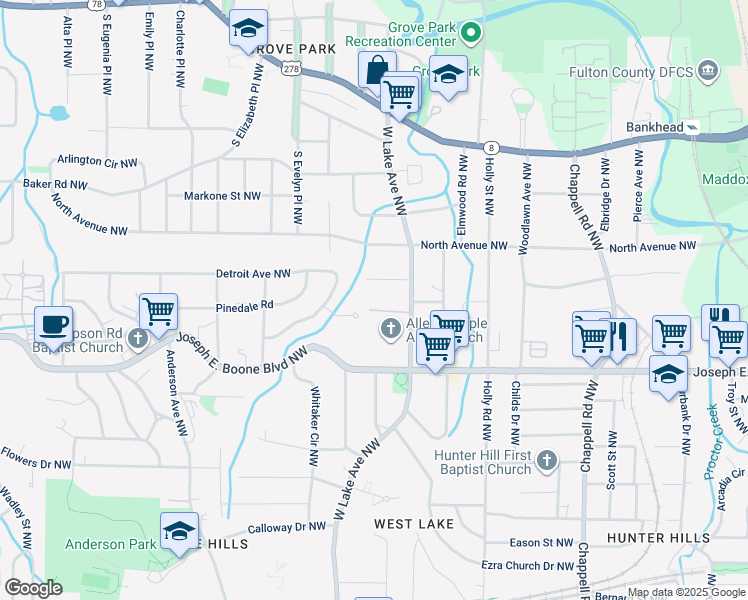map of restaurants, bars, coffee shops, grocery stores, and more near 1676 Nekoma Street Northwest in Atlanta