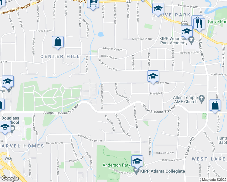 map of restaurants, bars, coffee shops, grocery stores, and more near 402 Westchester Boulevard Northwest in Atlanta