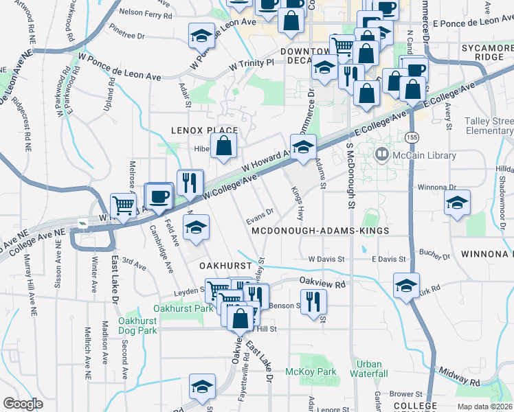 map of restaurants, bars, coffee shops, grocery stores, and more near 145 Greenwood Place in Decatur