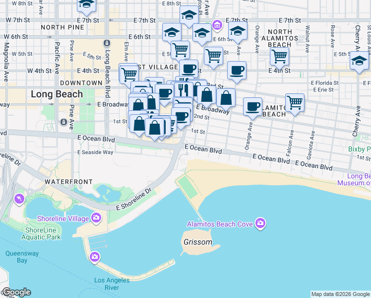 map of restaurants, bars, coffee shops, grocery stores, and more near 800 East Ocean Boulevard in Long Beach