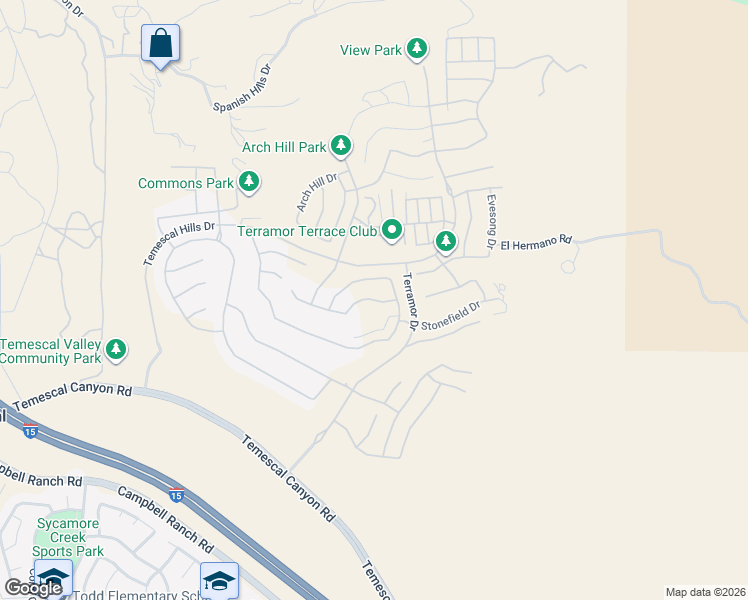 map of restaurants, bars, coffee shops, grocery stores, and more near Oakton Way in Riverside County