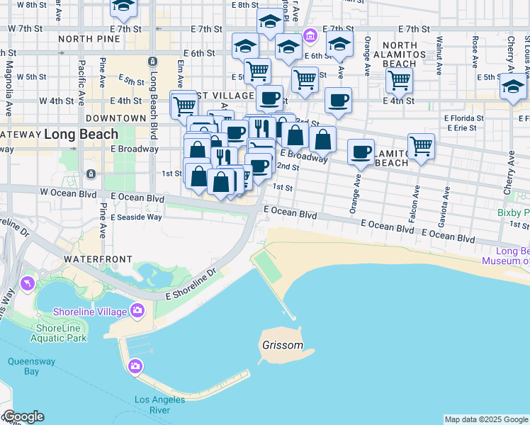 map of restaurants, bars, coffee shops, grocery stores, and more near 841 East Ocean Boulevard in Long Beach