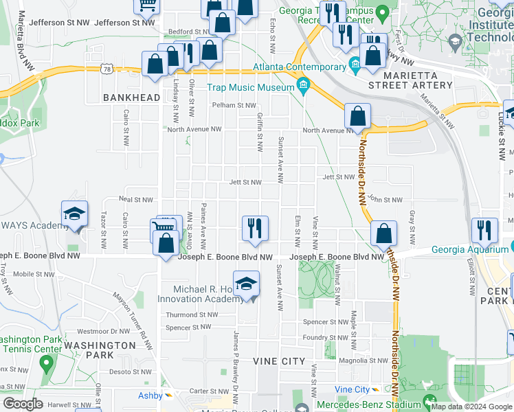 map of restaurants, bars, coffee shops, grocery stores, and more near 420 Griffin Street Northwest in Atlanta