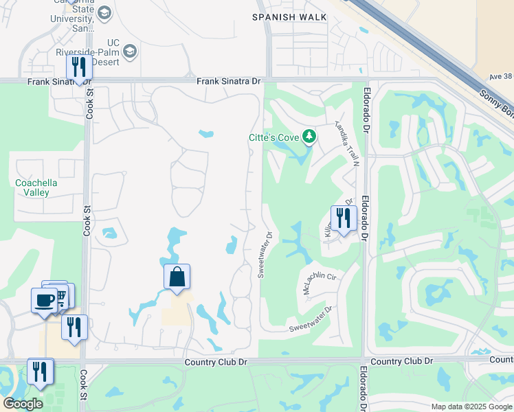 map of restaurants, bars, coffee shops, grocery stores, and more near 272 Desert Falls Drive East in Palm Desert