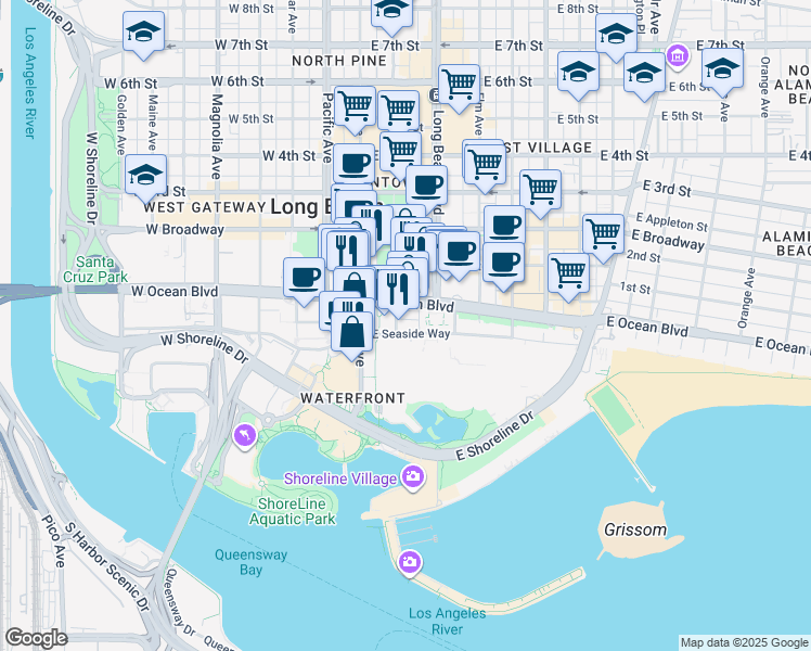 map of restaurants, bars, coffee shops, grocery stores, and more near 207 East Seaside Way in Long Beach