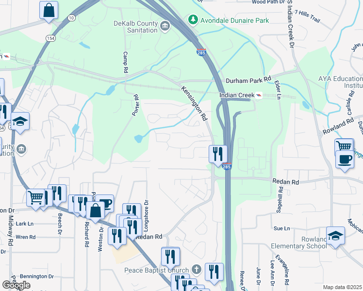 map of restaurants, bars, coffee shops, grocery stores, and more near 2715 Kenridge Parkway in Decatur
