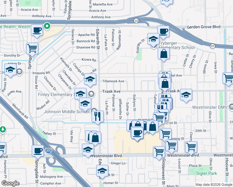 map of restaurants, bars, coffee shops, grocery stores, and more near 6632 Trask Avenue in Westminster