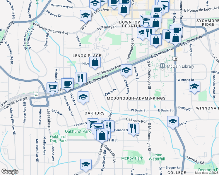 map of restaurants, bars, coffee shops, grocery stores, and more near 145 Greenwood Place in Decatur