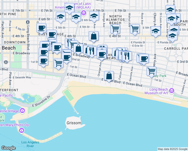 map of restaurants, bars, coffee shops, grocery stores, and more near 1139 East Ocean Boulevard in Long Beach
