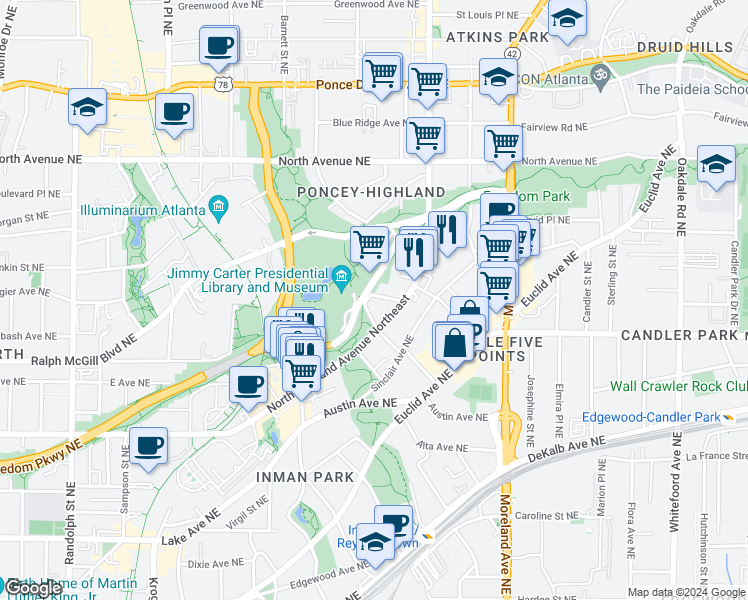 map of restaurants, bars, coffee shops, grocery stores, and more near in Atlanta