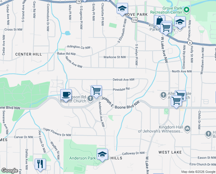 map of restaurants, bars, coffee shops, grocery stores, and more near 404 Dixie Hills Circle Northwest in Atlanta