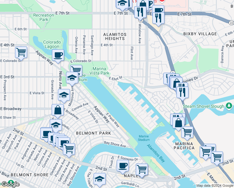 map of restaurants, bars, coffee shops, grocery stores, and more near 5564 Spinnaker Bay Drive in Long Beach