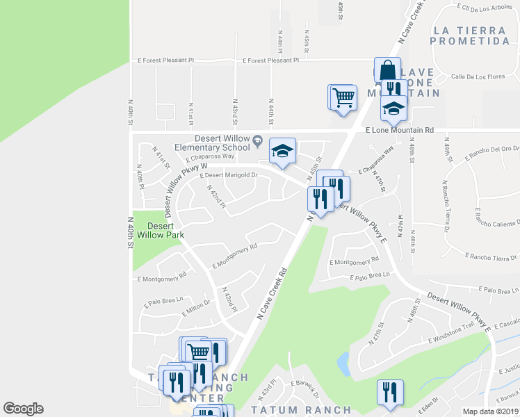 map of restaurants, bars, coffee shops, grocery stores, and more near 4325 East Rancho Caliente Drive in Cave Creek