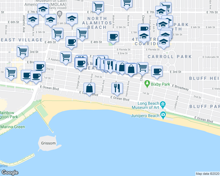 map of restaurants, bars, coffee shops, grocery stores, and more near 1606 East 1st Street in Long Beach