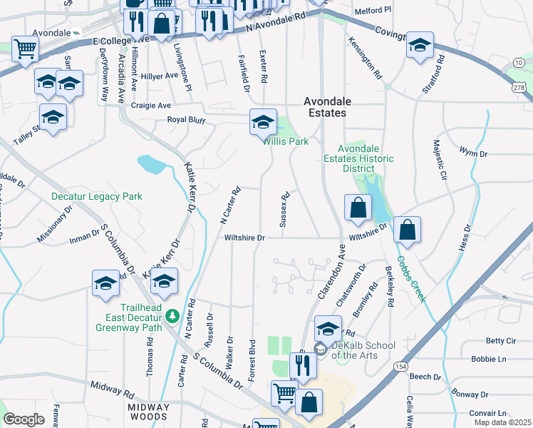 map of restaurants, bars, coffee shops, grocery stores, and more near 1002 Forrest Boulevard in Decatur