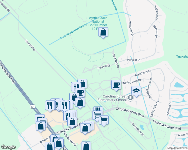 map of restaurants, bars, coffee shops, grocery stores, and more near 4925 Oak Pond Court in Conway