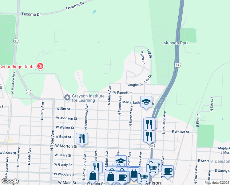 map of restaurants, bars, coffee shops, grocery stores, and more near 505 West Parnell Street in Denison