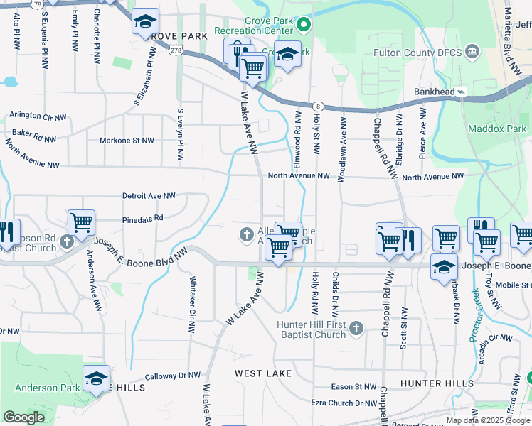 map of restaurants, bars, coffee shops, grocery stores, and more near 395 West Lake Avenue Northwest in Atlanta