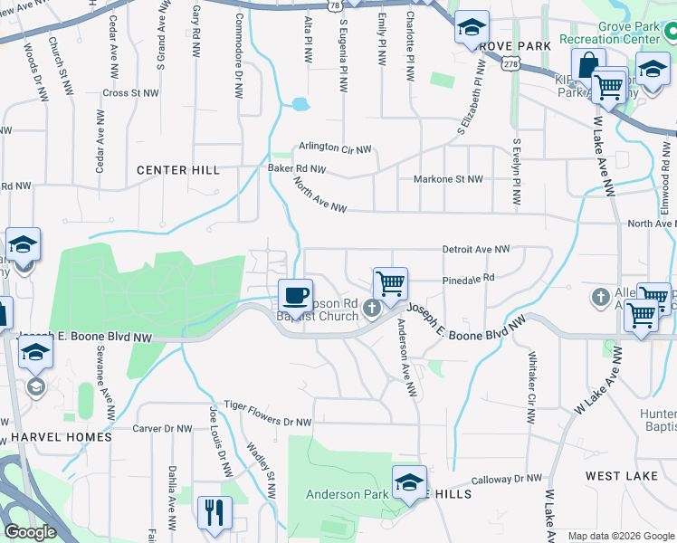 map of restaurants, bars, coffee shops, grocery stores, and more near 402 Westchester Boulevard Northwest in Atlanta