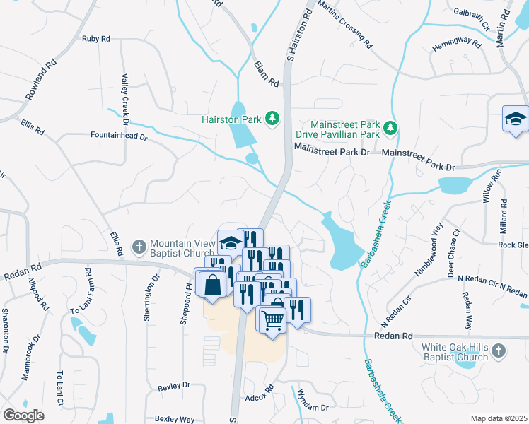 map of restaurants, bars, coffee shops, grocery stores, and more near 1041 South Hairston Road in Stone Mountain
