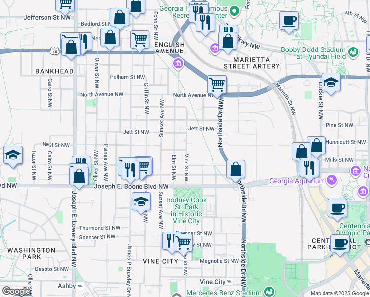 map of restaurants, bars, coffee shops, grocery stores, and more near 539 John Street Northwest in Atlanta