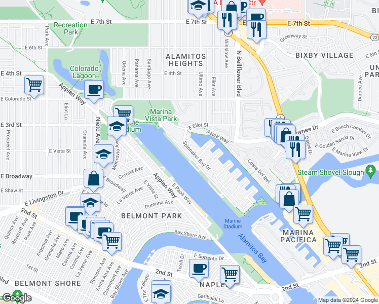 map of restaurants, bars, coffee shops, grocery stores, and more near 5564 Spinnaker Bay Drive in Long Beach