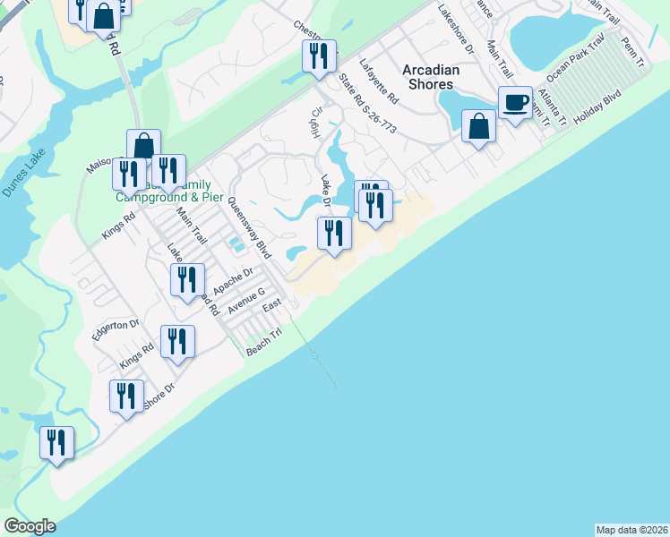 map of restaurants, bars, coffee shops, grocery stores, and more near 8600 Queensway Boulevard in Myrtle Beach