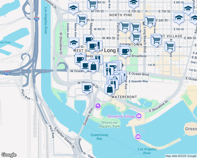 map of restaurants, bars, coffee shops, grocery stores, and more near 411 West Seaside Way in Long Beach