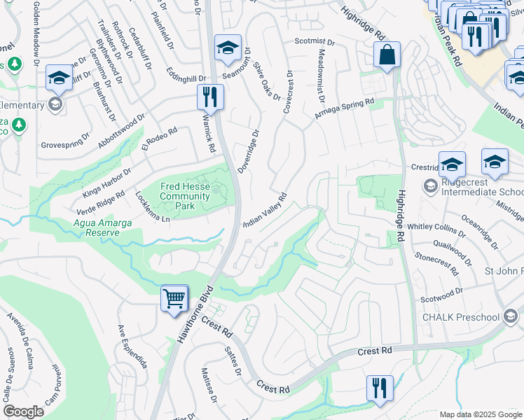 map of restaurants, bars, coffee shops, grocery stores, and more near 29403 Indian Valley Road in Rancho Palos Verdes