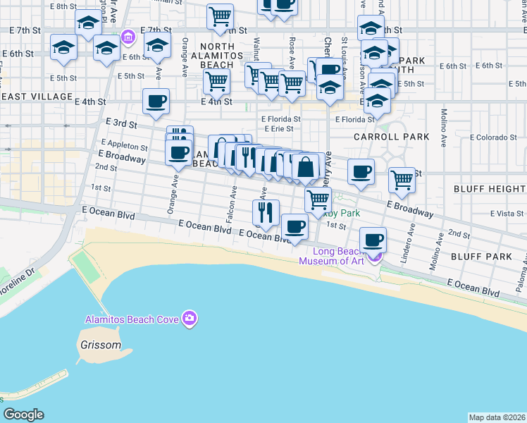 map of restaurants, bars, coffee shops, grocery stores, and more near 102 Gaviota Avenue in Long Beach