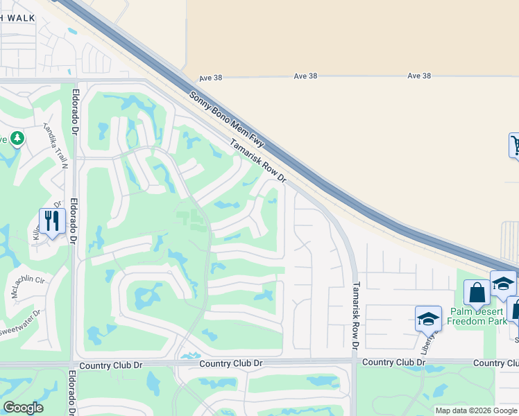 map of restaurants, bars, coffee shops, grocery stores, and more near 38697 Wisteria Drive in Palm Desert
