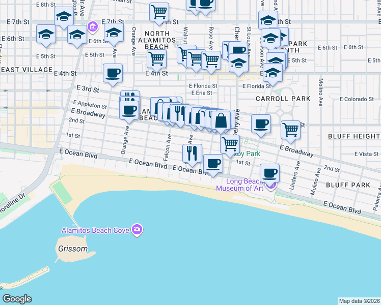 map of restaurants, bars, coffee shops, grocery stores, and more near 102 Gaviota Avenue in Long Beach