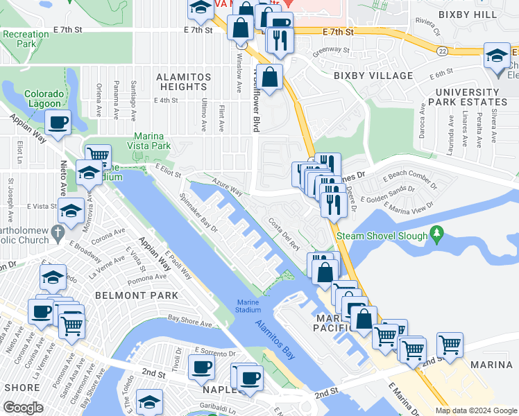map of restaurants, bars, coffee shops, grocery stores, and more near 104 Kingfisher Court in Long Beach