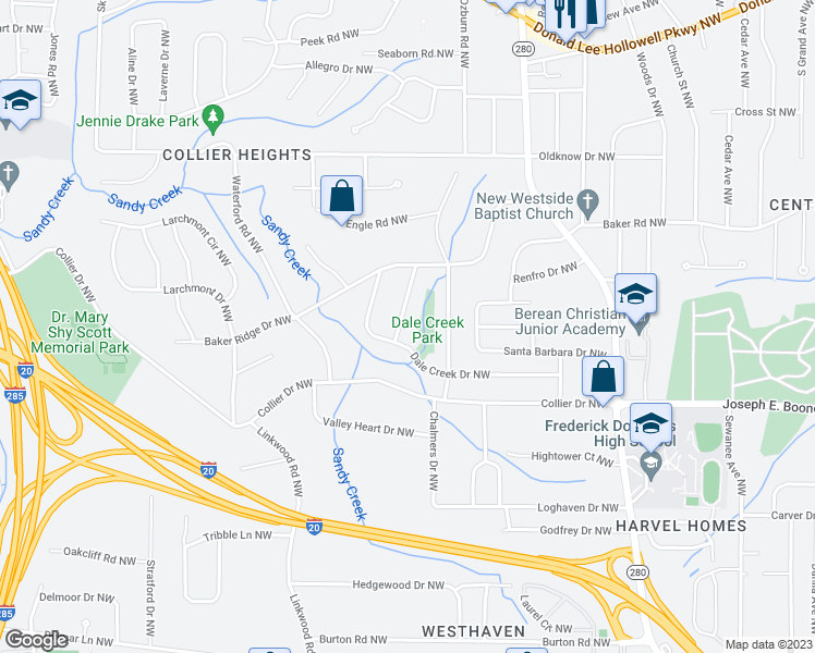 map of restaurants, bars, coffee shops, grocery stores, and more near 403 Forrest Ridge Drive Northwest in Atlanta