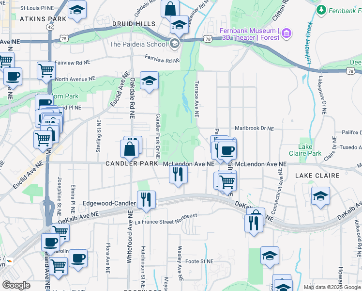 map of restaurants, bars, coffee shops, grocery stores, and more near 1500 McLendon Avenue Northeast in Atlanta
