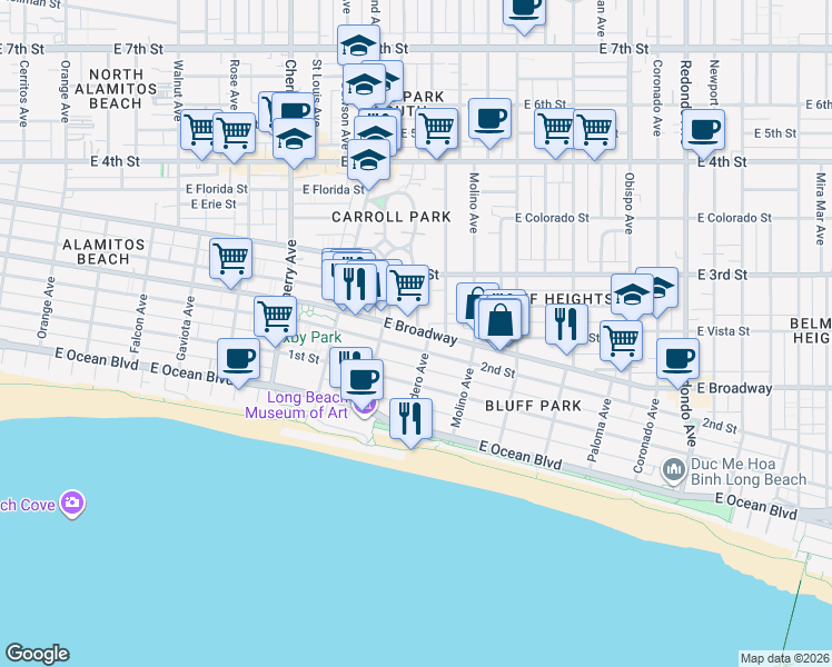 map of restaurants, bars, coffee shops, grocery stores, and more near 2414 East Broadway in Long Beach
