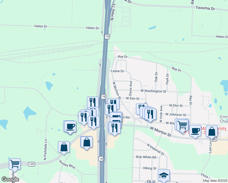 map of restaurants, bars, coffee shops, grocery stores, and more near 3030 West Morton Street in Denison