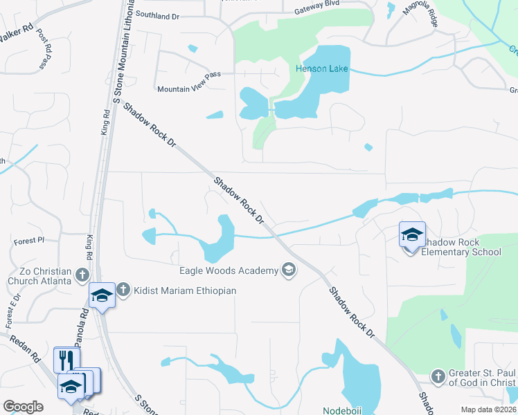 map of restaurants, bars, coffee shops, grocery stores, and more near 955 Shadow Ridge Trail in Lithonia
