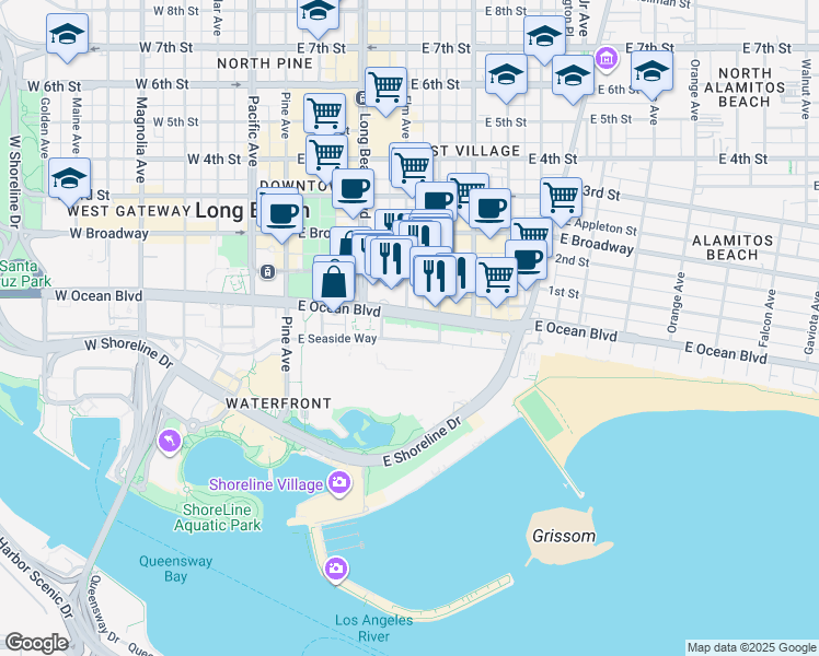 map of restaurants, bars, coffee shops, grocery stores, and more near 488 East Ocean Boulevard in Long Beach
