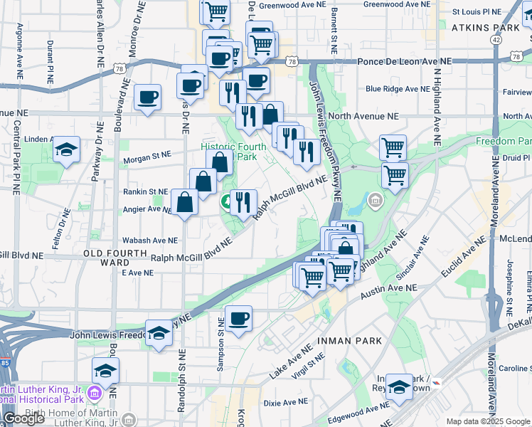 map of restaurants, bars, coffee shops, grocery stores, and more near 737 Ralph McGill Boulevard Northeast in Atlanta