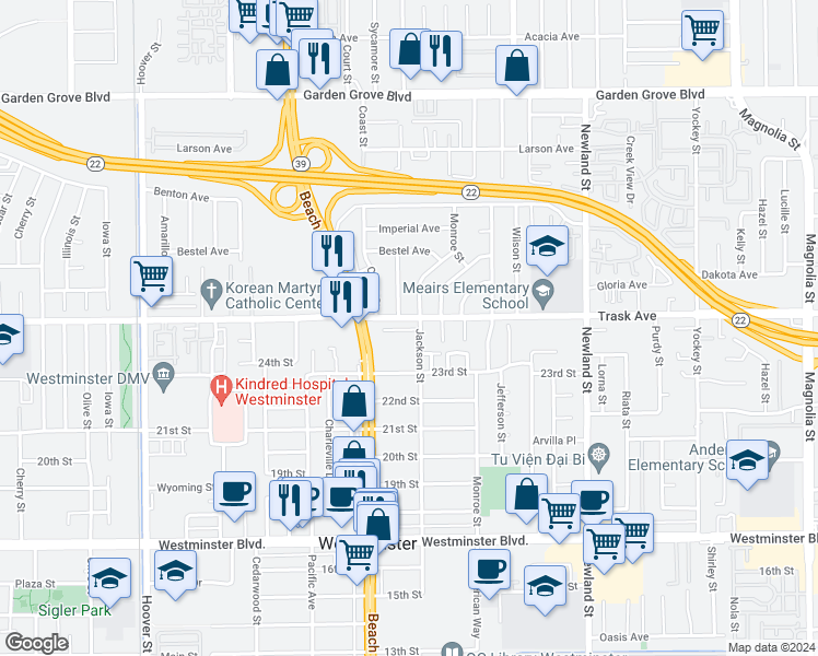 map of restaurants, bars, coffee shops, grocery stores, and more near 8052 Trask Avenue in Westminster