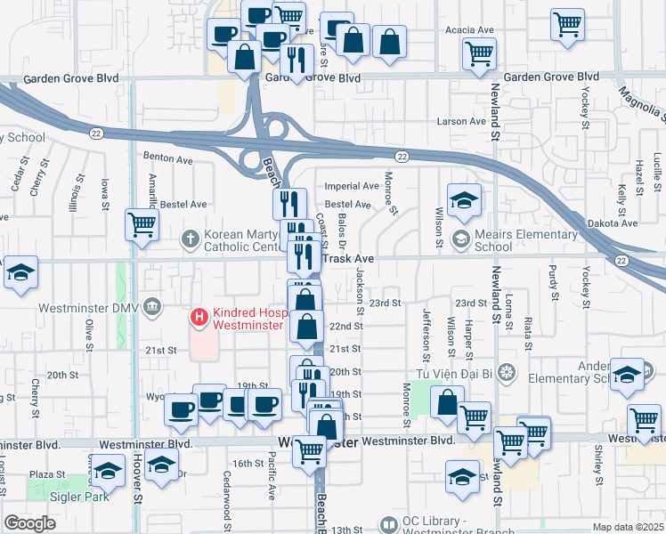 map of restaurants, bars, coffee shops, grocery stores, and more near 8062 Trask Avenue in Westminster